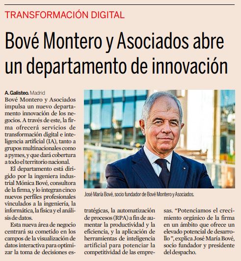 BOVÉ MONTERO Y ASOCIADOS CONCLUYE PLAN ESTRATÉGICO CON IMPULSO DEL DEPARTAMENTO BUSINESS INNOVATION